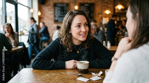 Happy Woman Having Conversation in Cozy Coffee Shop Cafe