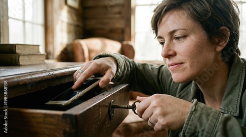 Woman Locking Smartphone in Wooden Drawer for Digital Detox