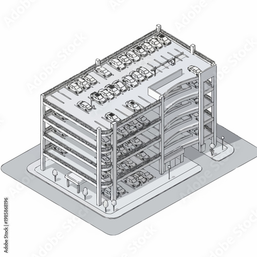 Modern Multi Level Parking Garage Structure with Cars.