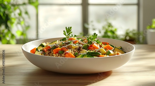 Bowl of quinoa with vegetables on a table, light filtering thru window