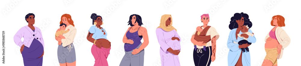 Obraz premium Set of diverse pregnant women. Happy expectant mothers are standing. Girls with pregnancy hold kids on hands. Young moms with babies in belly. Motherhood. Flat isolated vector illustrations on white