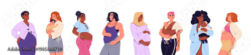 Set of diverse pregnant women. Happy expectant mothers are standing. Girls with pregnancy hold kids on hands. Young moms with babies in belly. Motherhood. Flat isolated vector illustrations on white