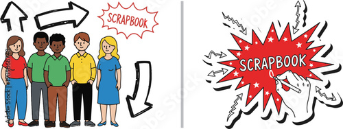 Scrapbook concept illustration with diverse group of people and hand drawing elements