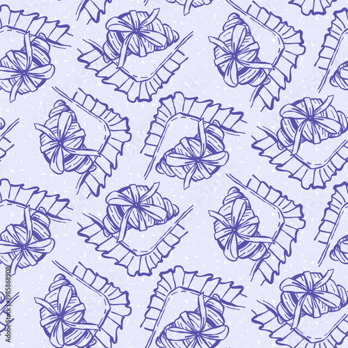 Hand drawn pattern with gift croissants on napkins over textured purple background. Hand drawn line. Trendy linear food illustration for bakery packaging, cafe menu, holiday gift wrap kitchen textile