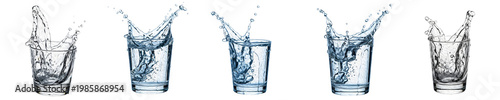 Water Splash in Glass Set Isolated on White Background. Realistic Liquid Motion Bursts in Clear Drinking Glasses for Beverage Ads, Health, Wellness, and Freshness Design.