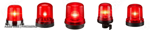Red Emergency Beacon Light Set Isolated on White Background. Flashing Siren Warning Lamps for Police, Ambulance, Fire Truck, Security, and Industrial Safety Signage.