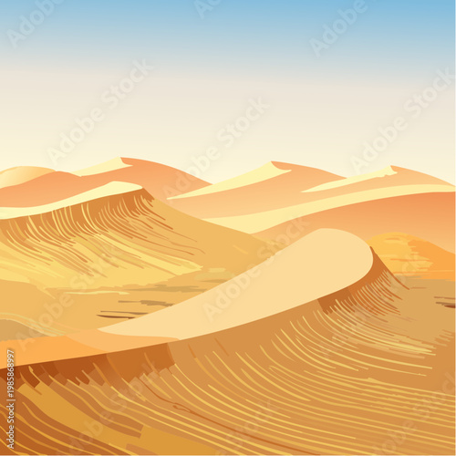 Weite goldene Sanddünen erstrecken sich in sanften, geschwungenen Formen durch die Wüste.