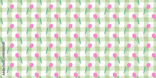 Seamless pattern of pink tulips on green gingham check background for spring textile design.