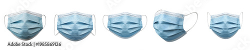 Blue Medical Face Mask Set Isolated on White Background. Professional Disposable 3-Ply Surgical Masks in Multiple Angles for Health, Safety, Protection, and Clinical Use.