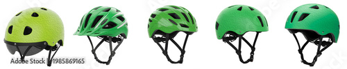 Green Bicycle Helmet Set Isolated on White Background. Professional Safety Gear Collection Featuring Different Mountain Bike, Road, and Commuter Styles for Cycling Protection.