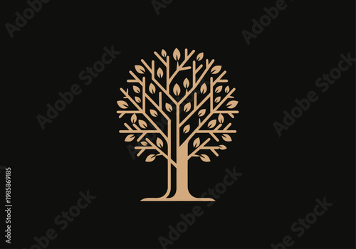 Elegant Golden Tree Logo Icon on Black Background, Minimalist Geometric Tree of Life Emblem for Luxury Branding, Sustainability, and Growth