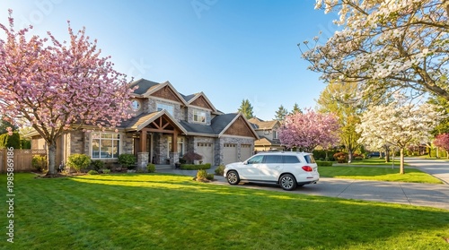Luxury suburban house with blooming cherry blossoms and white SUV in driveway during sunny spring day