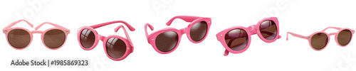 Pink Kids Sunglasses Set Isolated on White Background. Round Plastic Eyewear Collection in Multiple Angles for Summer Fashion, UV Protection, Children's Accessories and Travel.