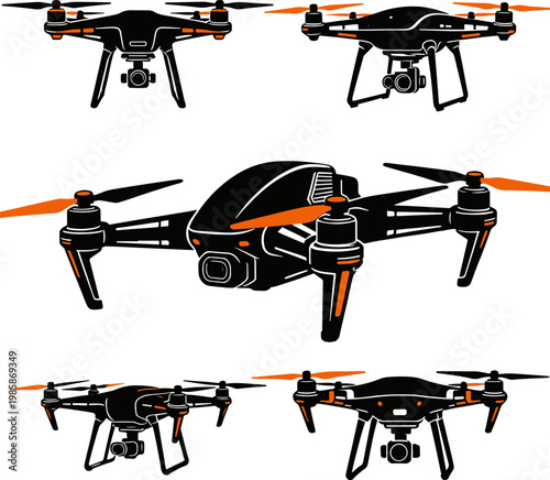 Futuristic Five Drone Silhouette Set Dynamic Vector