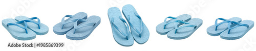 Light Blue Flip Flops Set Isolated on White Background. Casual Summer Rubber Sandals in Multiple Angles for Beach, Poolside, Travel, Footwear Fashion, and Seasonal Comfort.
