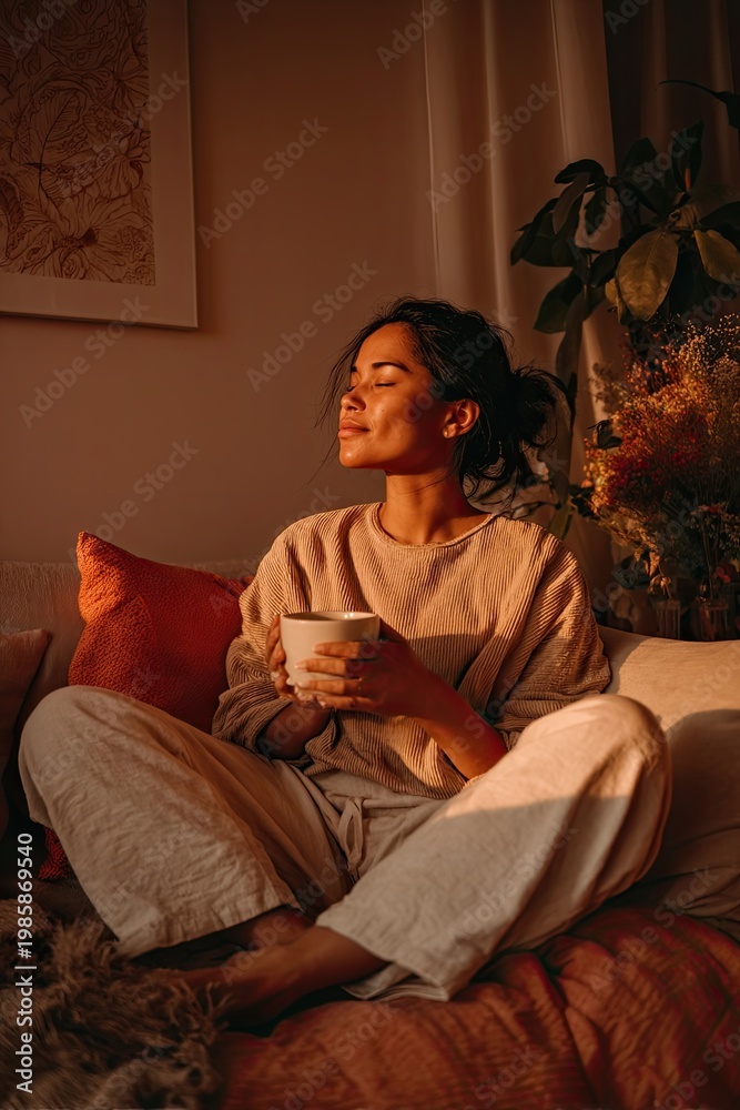 Obraz premium A woman with coffee sits relaxingly on the sofa at home