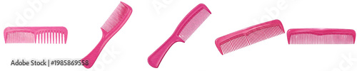 Pink Hair Comb Set Isolated on White Background. Professional Plastic Styling Combs in Different Angles for Hairdressing, Beauty Salon, Personal Care, and Daily Grooming.