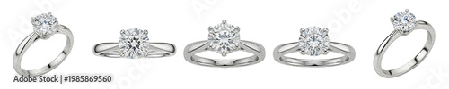 Elegant Diamond Engagement Ring Set Isolated on White Background. Silver or Platinum Solitaire Rings in Multiple Angles for Jewelry Design, Wedding, and Luxury Marketing.