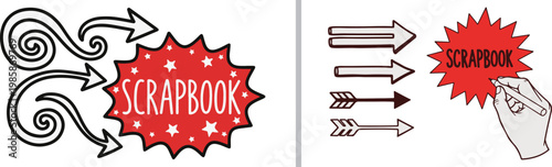 Scrapbook hand drawn doodle set with red starburst labels and decorative arrows