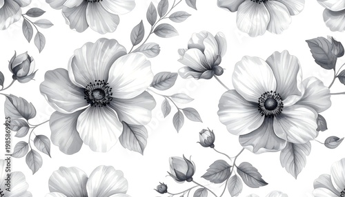 A seamless, monochrome floral pattern featuring blooming flowers with large petals, buds, and delicate, leafy stems against a white backdrop