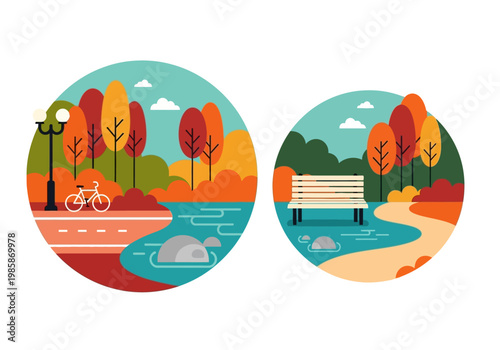 Autumn Park Landscape Vector Icons in Flat Design Style. Circular nature scenes featuring a bicycle path, park bench, lake, and colorful fall trees.