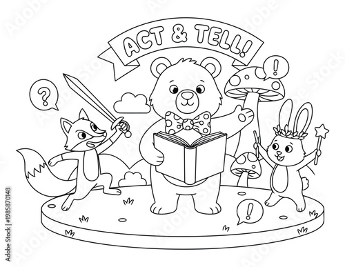 Bear cute baby storytelling with animal friends acting scene outdoor coloring page