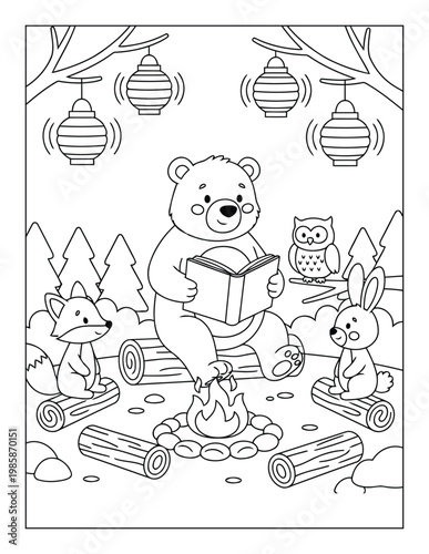 Bear cute baby reading book with animal friends around campfire forest coloring page
