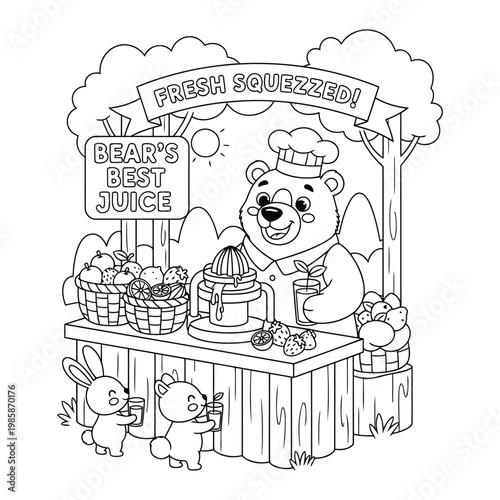 Bear cute baby making fresh juice at fruit stand with animals outdoor coloring page