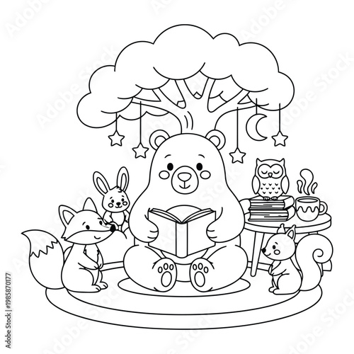 Bear cute baby reading book under tree with animal friends night coloring page