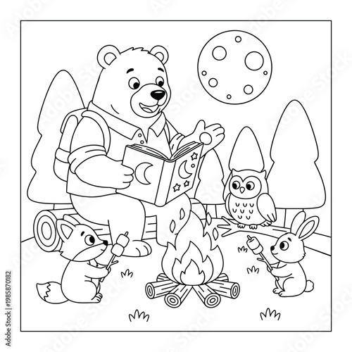 Bear cute baby reading night story by campfire with animal friends coloring page