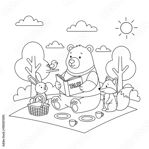 Bear cute baby reading tales with animal friends at picnic outdoor coloring page