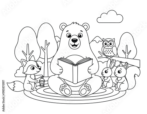 Bear cute baby reading book with forest animal friends in outdoor scene coloring page