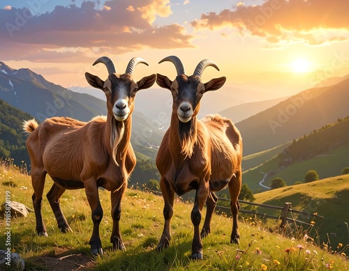 Two goats on a green hill with mountains and sunset