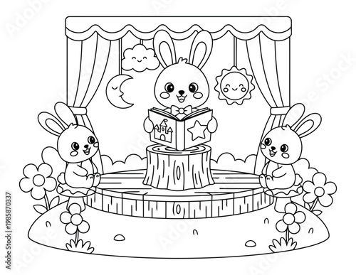Coloring page cute bunny storytelling on stage with audience and theater curtain scene