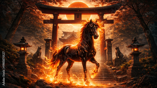 丙午の象徴 炎をまとう神聖な馬と神域のスピリチュアルイメージ/Spiritual image of the fire horse symbolizing Hinoeuma in a sacred Japanese setting Generative AI