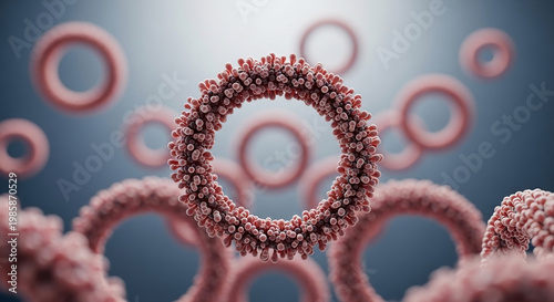 Detailed 3D concept of microscopic ring structures, symbolizing complex viral or cellular biology for advanced scientific and medical research
