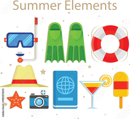 Holiday and tourism icons with snorkel fins and backpack vector