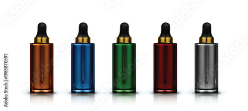 Luxury cosmetic dropper bottle set in multiple colors with gold vector