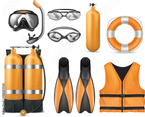 Outdoor travel gear set including clothing and diving equipment vector