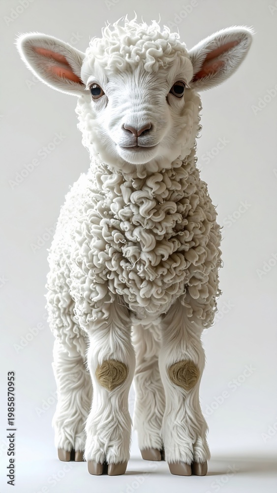 Obraz premium Adorable White Lamb Standing on White Background in Studio Lighting Animal Photography