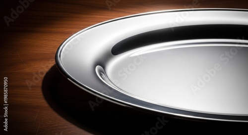 Gleaming Silver Serving Platter with Elegant Curve on Wooden Surface