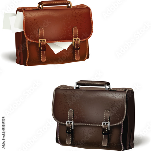 Vintage brown leather briefcase set for professional business office vector
