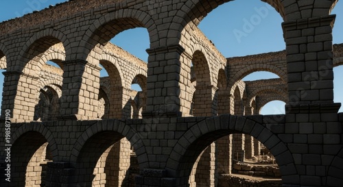 Majestic Roman Aqueduct Arches Against a Clear Blue Sky Showcasing Ancient Engineering