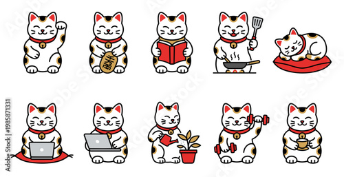 Cute lucky cat vector character set doing various daily activities like reading cooking working and exercising