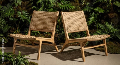 Pair of light ash wood chairs with woven seagrass inserts nestled amidst lush greenery