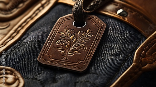Brown tag with branch design on blue fabric, with stitched leather