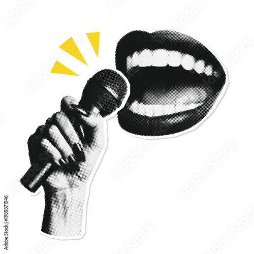 Woman singing into microphones - retro halftone isolated element. Vintage dotted pop art illustration for vocal recording or live gig.