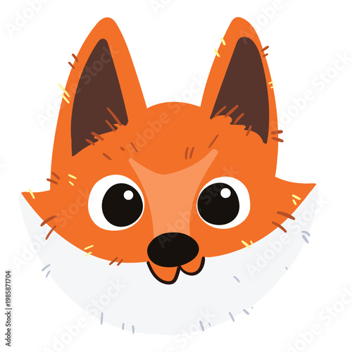 Cute cartoon fox face with big round eyes, orange fur, pointy ears, and a playful expression, illustrated in a simple flat style.