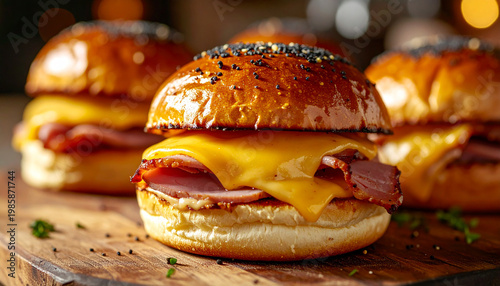 Freshly baked ham and cheese sliders, golden poppy seed buns, melted cheese oozing over savory meat, wooden board, delicious food, tasty snack