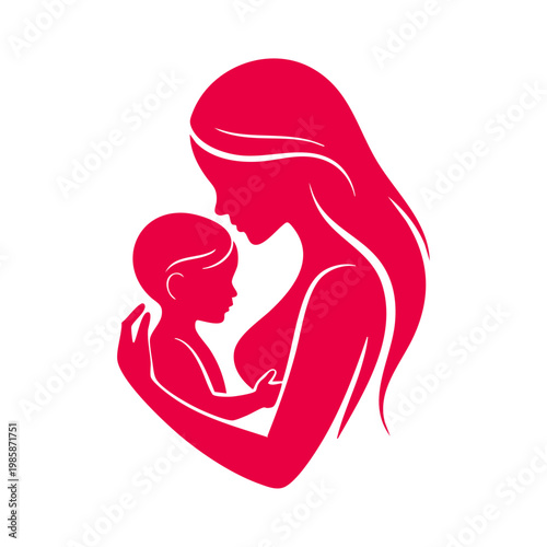 mother breastfeeding baby silhouette illustration for maternal health logo, abstract motherhood icon of woman nursing infant with love, minimalist pink vector of mother and child bonding and lactation
